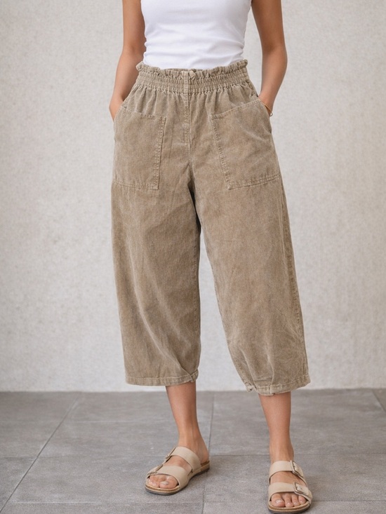 Pietsie Pants - Pietsie Elastic-Waist Corduroy Capris in Taupe